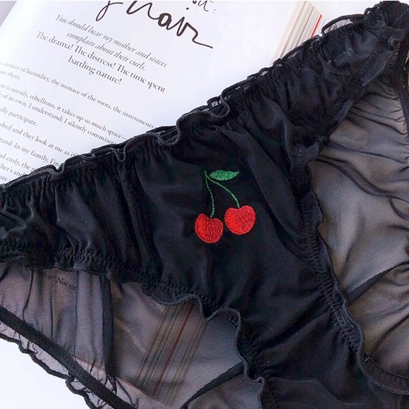 Black Ruched Fruit Applique Mesh Sheer Panties - Picture 5 of 16